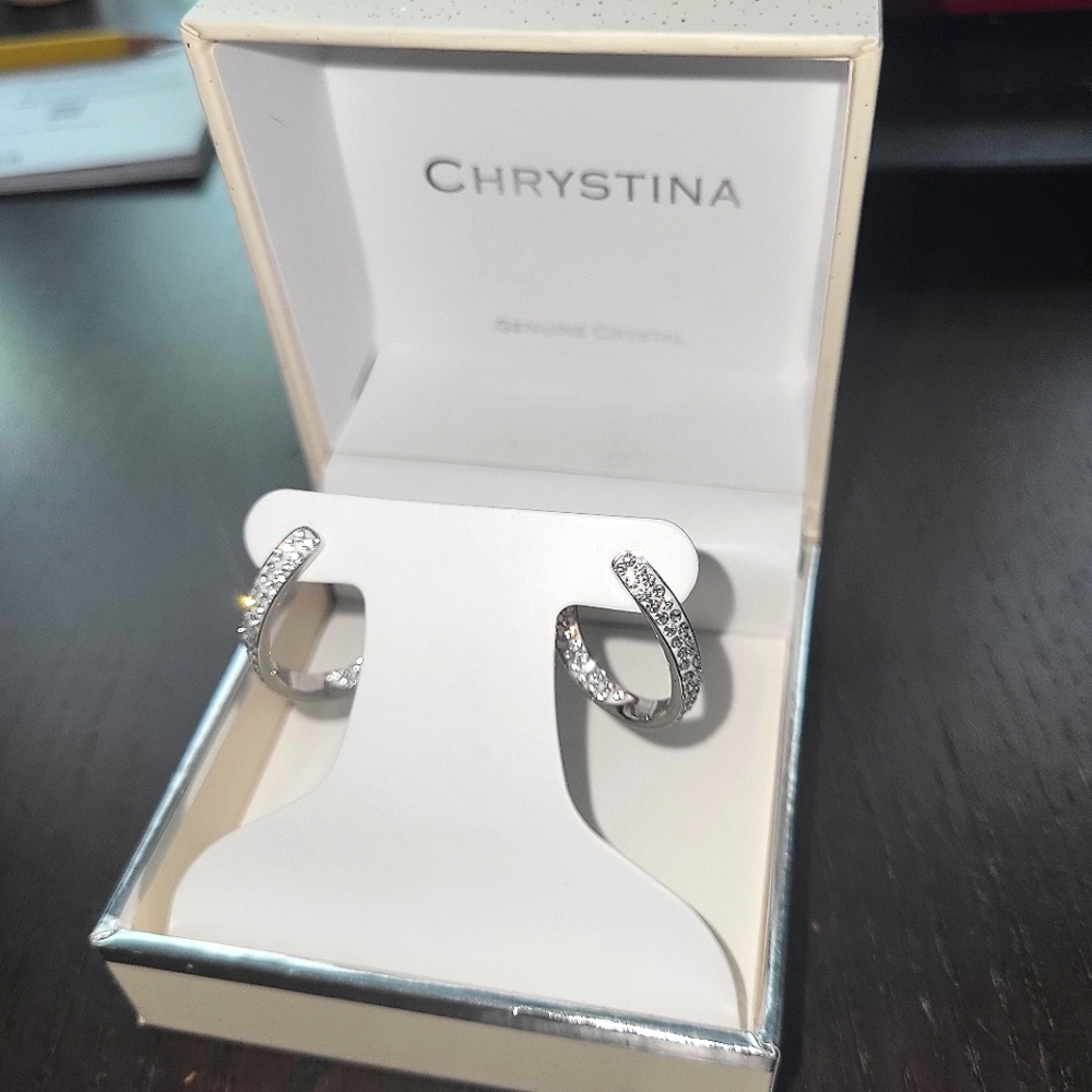 Chrystina Genuine Crystal Hoop Earrings Silver Plated brand new